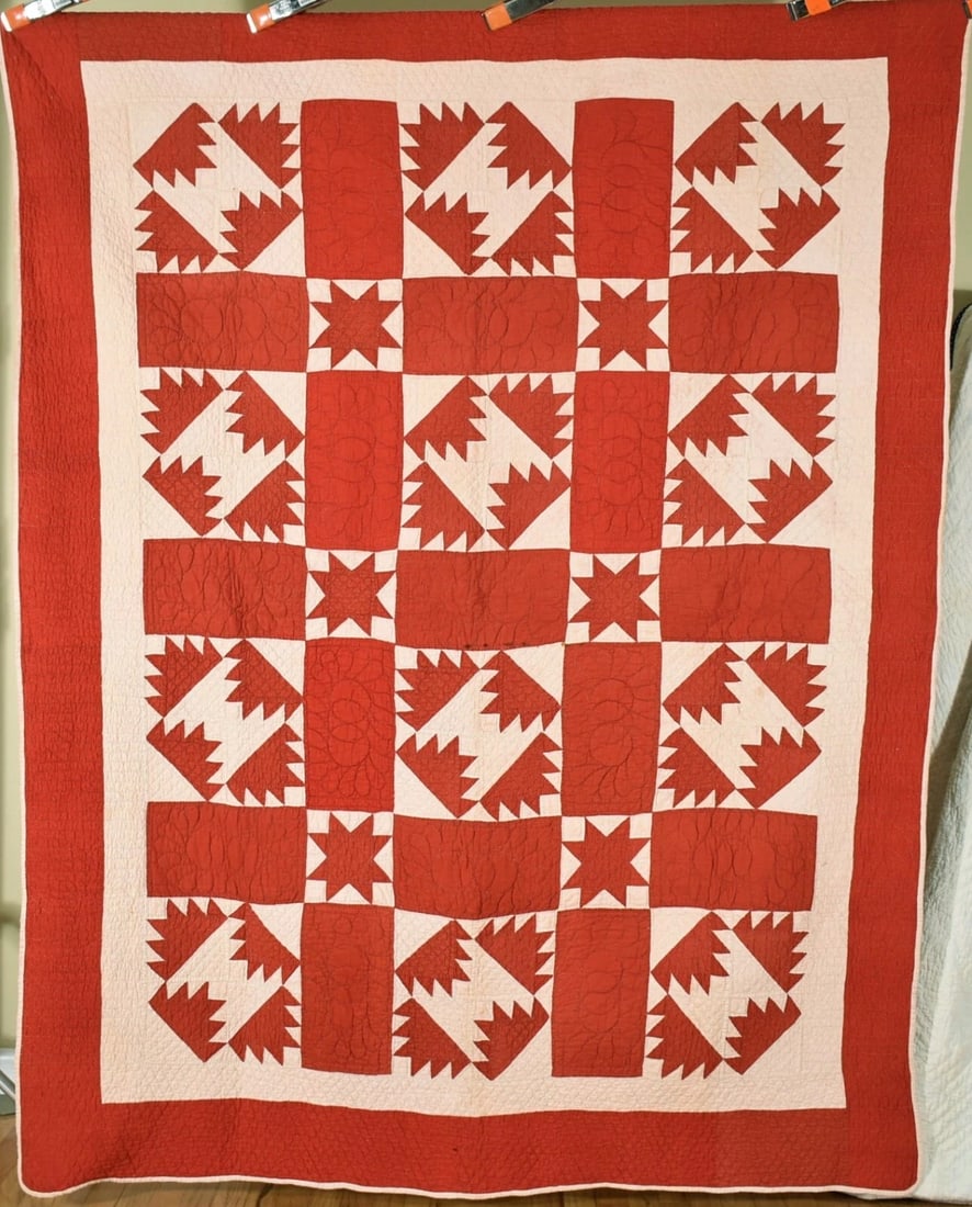 1890's Red & White Delectable Mountain Stars Quilt: This DAZZLING cotton 1880's/1890's red and white delectable mountain / bear paw / stars quilt is all hand pieced and hand quilted. It measures 66" X 84" and is in excellent condition, with the occasio