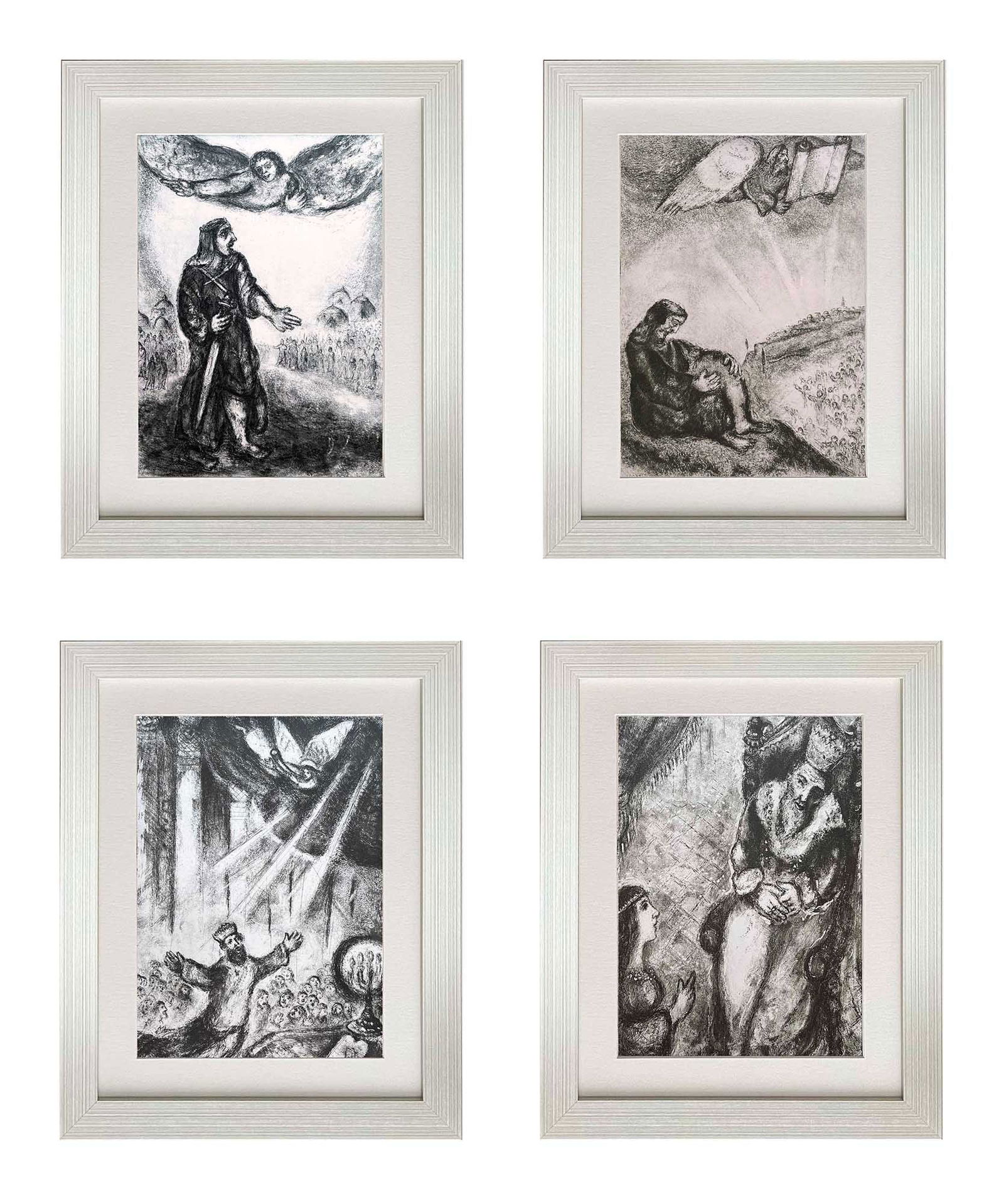 Marc Chagall Set of 4 framed Heliogravures from Bible 1956: Title: Marc Chagall Set of 4 framed Heliogravures from Bible 1956 Artist: Marc Chagall Description: These remarkable four black-and-white heliogravure prints by Marc Chagall feature iconic biblical sc