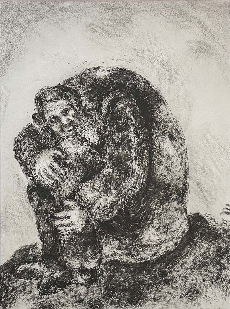 Marc Chagall framed Heliogravure 86 from Bible 1956: Title: Marc Chagall framed Heliogravure 86 from Bible 1956 Artist: Marc Chagall Description: This remarkable heliogravure print by Marc Chagall features an iconic biblical scene. From the rare "Bible"