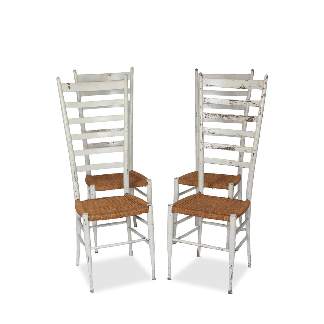 Vintage Italian Gio Ponti Style Ladderback Chairs, Set of 4: Title: Vintage Italian Gio Ponti Style Ladderback Chairs, Set of 4 Description: This set of four vintage Italian ladderback chairs embodies the timeless elegance of Gio Ponti’s design ethos. Wit