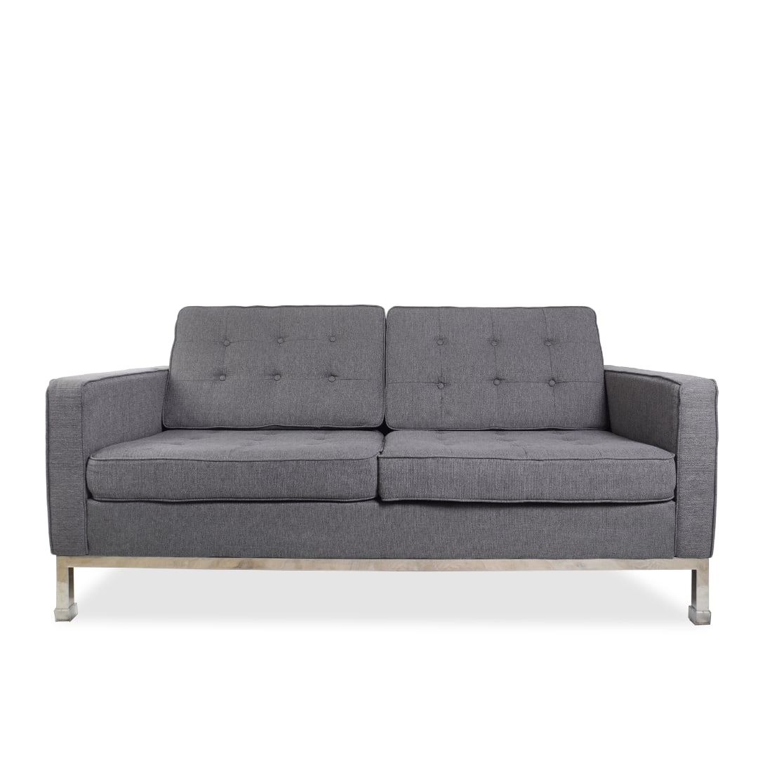 Mid Century Modern Loveseat: Title: Mid Century Modern Loveseat Description: Mid-Century Modern Loveseat features a tailored box frame with tufted seat and back cushions for a refined yet inviting look. As shown in the photo, the