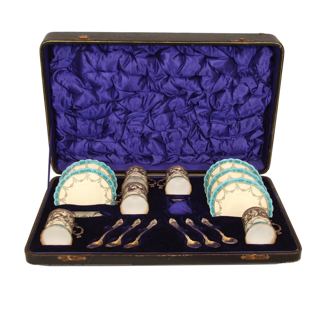 Set of 5 Royal Worcester Silver Porcelain Demitasse Cups and Saucers: Title: Set of 5 Royal Worcester Silver Porcelain Demitasse Cups and Saucers Description: This exquisite Set of 5 Royal Worcester Silver Porcelain Demitasse Cups and Saucers epitomizes refined elegance