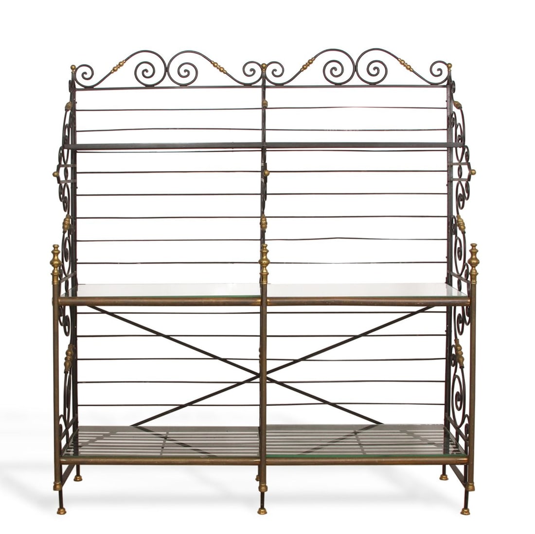 Vintage French Wrought Iron & Brass Bakers Rack: Title: Vintage French Wrought Iron & Brass Bakers Rack Description: Crafted with a nod to timeless French craftsmanship, our Vintage French Wrought Iron & Brass Bakers Rack seamlessly blends intricate