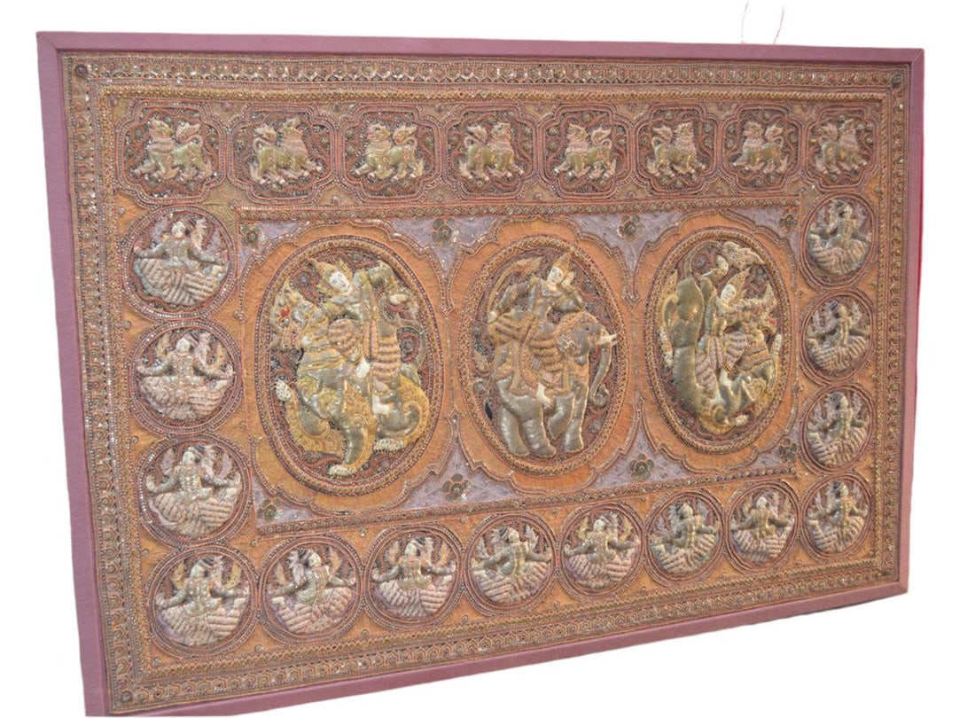 Vintage Framed Burmese Kalaga Textile Tapestry: Vintage Extra Large Frames Burmese Kalaga Tapestry "Kalaga" is the name for embroidered tapestries from Burma. They are traditionally made of linen, silk, velvet, and cotton, and adorned with stones,