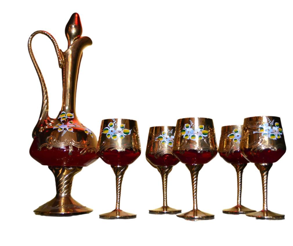 Czech Republic Hand Painted and Hand Blown Decanter and Glasses - 12 Piece Set: Czech Republic Hand Painted and Hand Blown Decanter and Glasses - 12 Piece Set This set includes: 1 Decanter 5 Wine Glasses 6 Aperitif glasses The goblets are made from a deep red glass painted with w