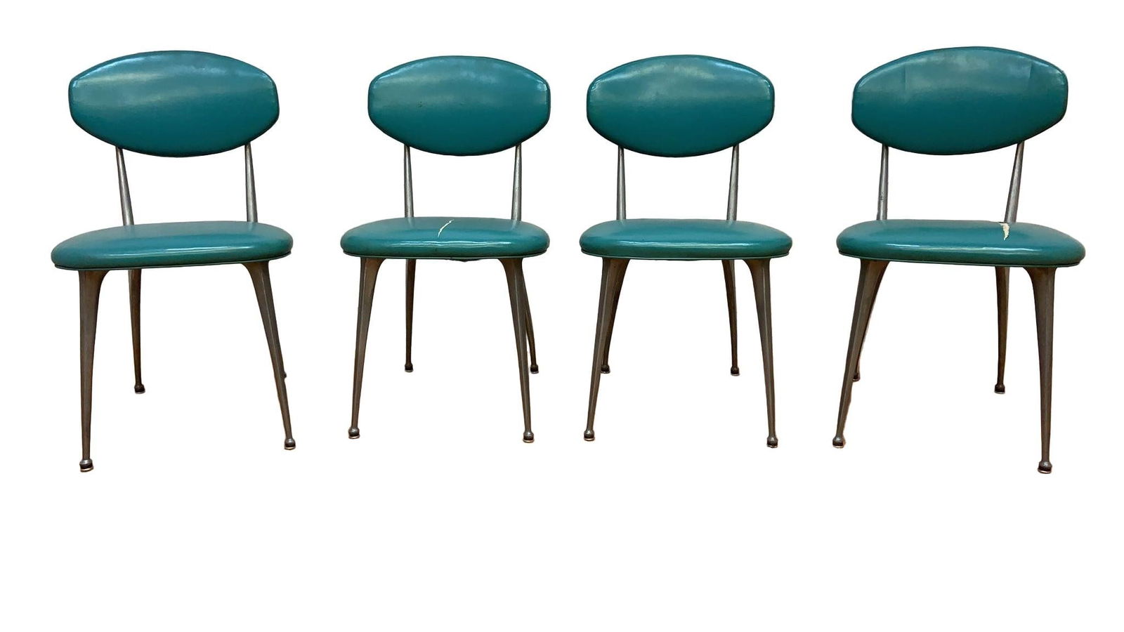 Mid Century Modern Shelby Williams Gazelle Model Cafe Dining Chairs - Set of 4: Mid Century Modern Shelby Williams Gazelle Model Cafe Dining Chairs - Set of 4 Set of 4 Shelby Williams Gazelle model cafe dining chairs with aluminum legs and original teal vinyl upholstered seats an