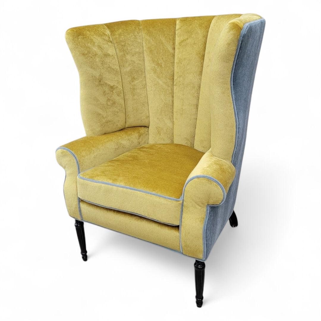 Antique Italian Channel Wingback Lounge Chair Newly Reupholstered in Mohair: Read the full description Materials: accent chair, antique, cerulean, colorful, furniture, gold, light blue, plush, reupholstered, seating, spring, wingback chair, yellow Antique Italian Oversized Cha