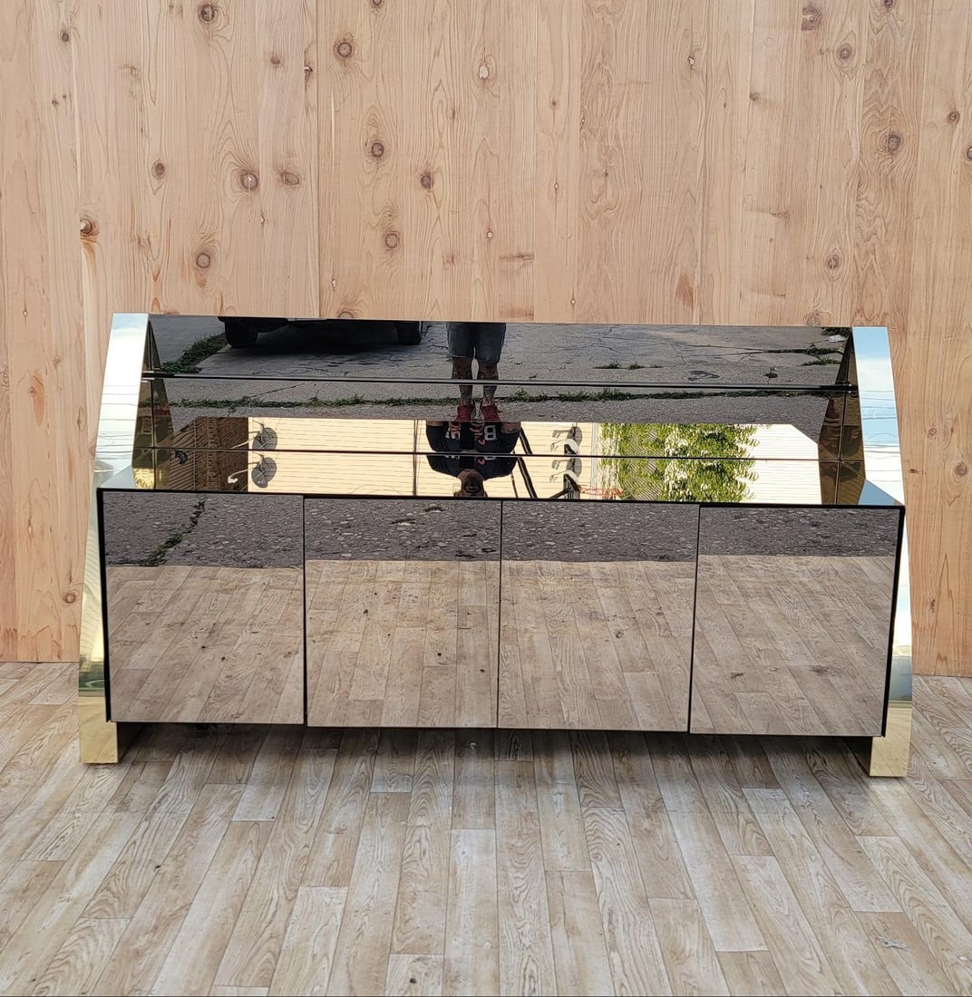 Mid Century Modern Mirror and Brass Sideboard/Credenza by Ello: Mid Century Modern Mirror and Brass Sideboard/Credenza by Ello Elevate your living space with a Mid Century Modern mirror and brass four-door sideboard/credenza by Ello, a stunning fusion of style and