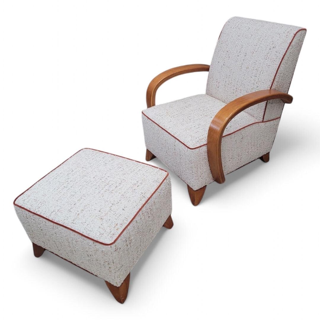 Art Deco Jindrich Halabala Style Bentwood Lounge Chair & Ottoman Newly Reupholstered In Boucle (1 of 9)