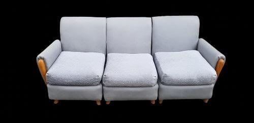 Mid Century Modern Heywood Wakefield 3 Modular Sofa Newly Upholstered: Mid Century Modern Heywood Wakefield 3 Piece Modular Sectional Sofa Newly Upholstered in Powder Blue Holly Hunt Leather with High End Matching Tweed Cushion This sectional sofa has been reupholstered