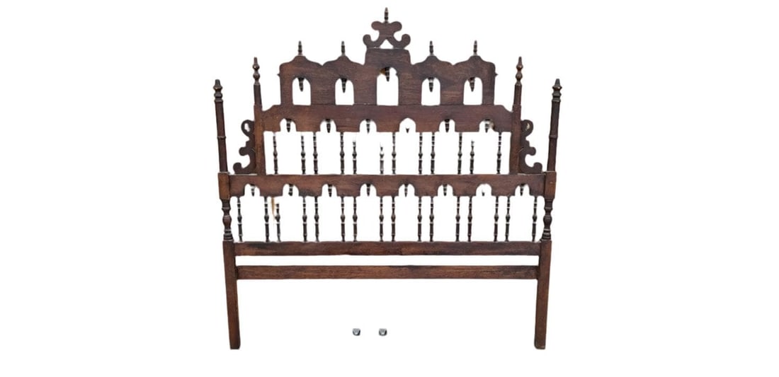 Vintage Pagoda Spanish Revival Spindle Carved Full Headboard: Vintage Pagoda Headboard Spanish Revival Spindle Hand Carved in the Size Full Circa 20th Century Dimensions W 56" D 2" H 59" Good Vintage Condition CONDITION: Please be aware that all items are used/v
