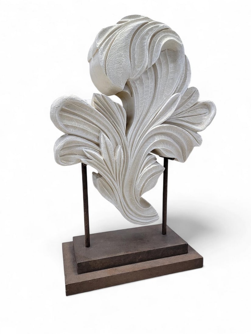 Vintage Sculpted Resin Scrolled Acanthus Leaf Sculpture on a Metal Stand: Vintage Sculpted Resin Scrolled Acanthus Leaf Sculpture on a Metal Stand Bring the allure of cathedral and ancient places of worship into your space with this stone resin sculpted acanthus leaf. Acant