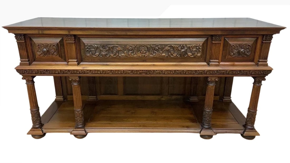 Antique French Jacobean Revival Renaissance Style Carved Walnut Sideboard Buffet: 19th Century French Jacobean Revival Renaissance Style Carved French Sideboard Buffet Crafted from premium French walnut a stunning two-tier sideboard adorned with intricate relief carvings and Greek-