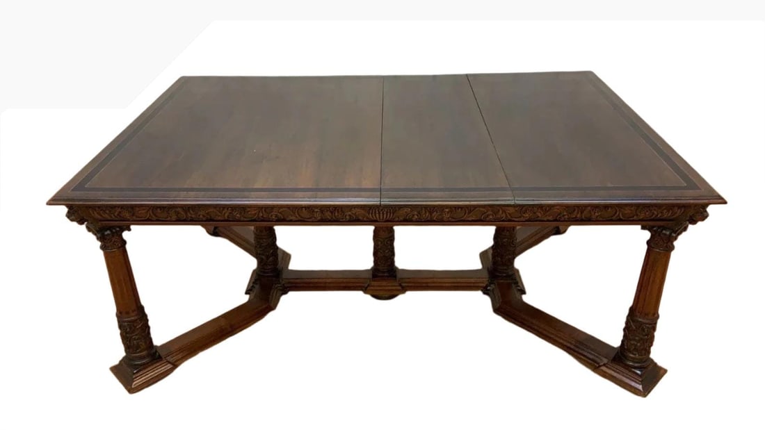 Antique Jacobean Revival Renaissance Style Carved Walnut Extending Dining Table (1 of 10)