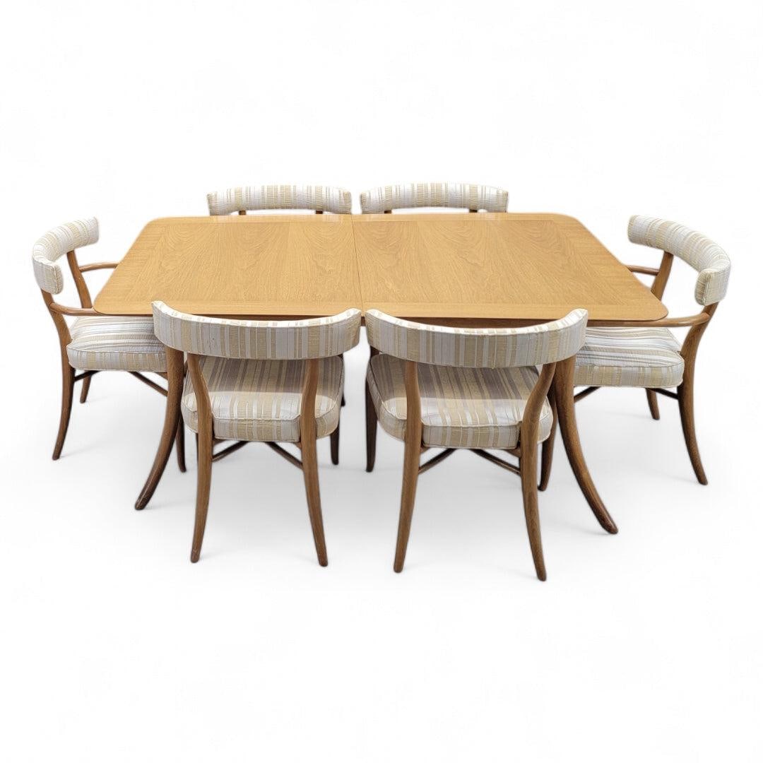 Mid Century Modern T.H. Robsjohn-Gibbings For Widdicomb Klismos Style Dining Table with Two: Mid Century Modern T.H. Robsjohn-Gibbings For John Widdicomb French Walnut Klismos Style Dining Table with Two Extension Boards and 6 Chairs This exquisite Mid Century Modern dining set, designed by T