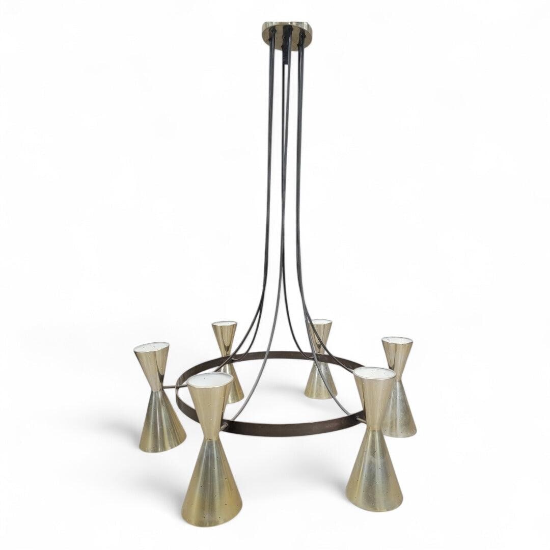Mid Century Modern Atomic Brass Finish 6 Hourglass Double Sided Cone Chandelier: Mid Century Modern Atomic Brass Finish 6 Hourglass Double Sided Cone Chandelier This Mid Century Modern chandelier features a striking atomic brass finish, showcasing a unique design with six hourglas