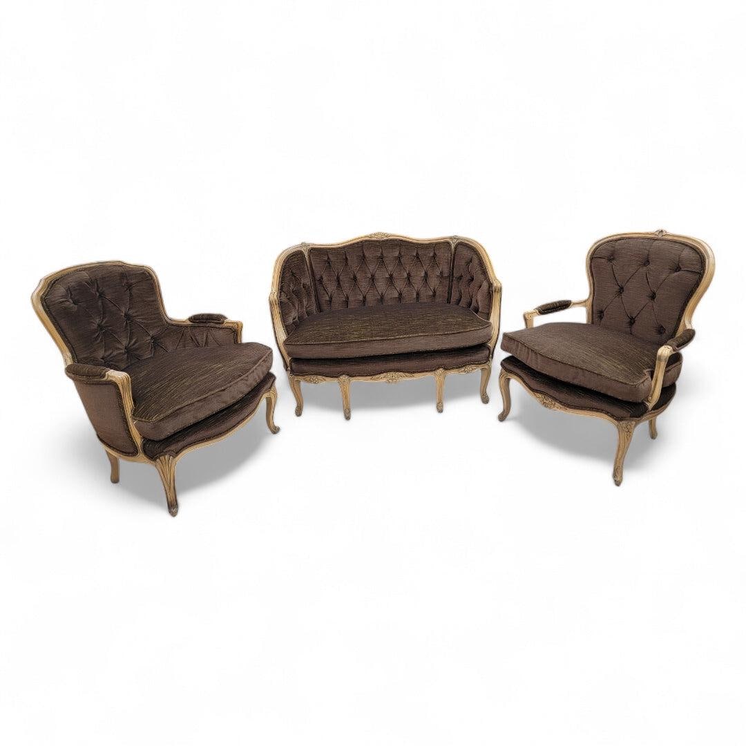 Antique French Louis XV Style Carved French Tufted Bergere Parlor Set Newly Reupholstered in Brown: Antique French Louis XV Style Waxed Carved French Mahogany Tufted Back Bergere Parlor Set Newly Reupholstered and Down Filled Etagere Ribbed Mocha-Chartreuse Mohair - 3 Piece Set This Antique French L