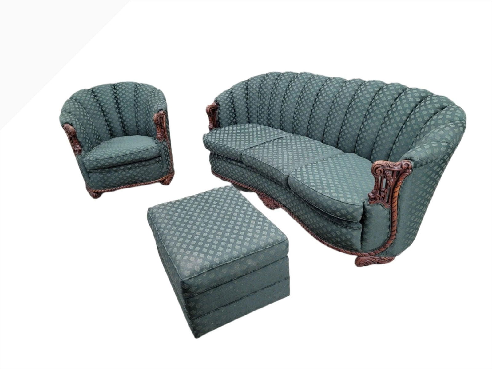 Art Deco Carved Ornate Channel Back Curved Sofa, Lounge Chair and Ottoman: Art Deco Carved Ornate Channel Back Curved 3 Seat Sofa and Lounge Chair with Ottoman - 3 Piece Parlor Set This exquisite art deco parlor set features a curved three-seat sofa, a matching lounge chair