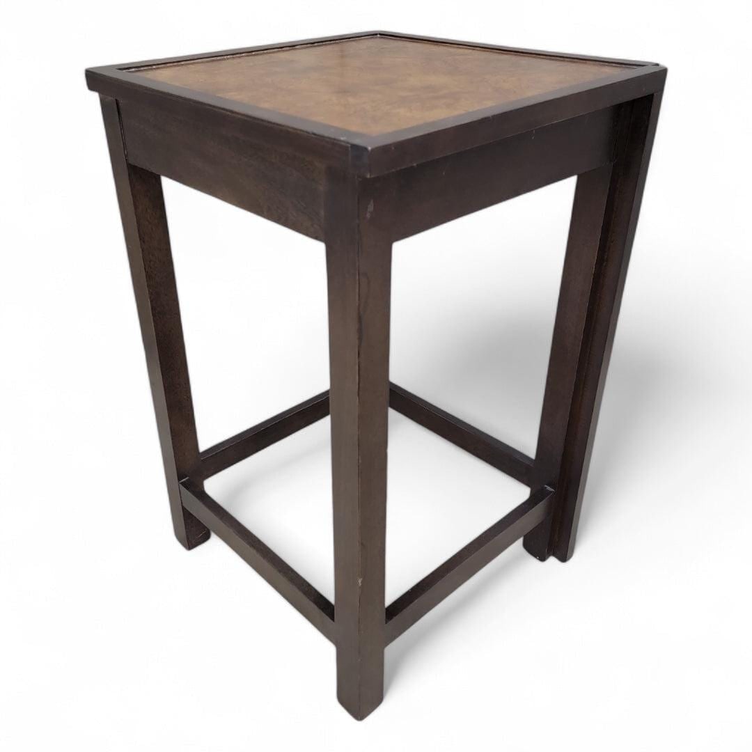 Mid Century Modern Milo Baughman Style Burl & Brass Side Table by Century Furniture: Mid Century Modern Milo Baughman Style Burl & Brass Side Table by Century Furniture Crafted with a stunning burl wood finish, this side table features sleek brass accents that enhance its luxuriou