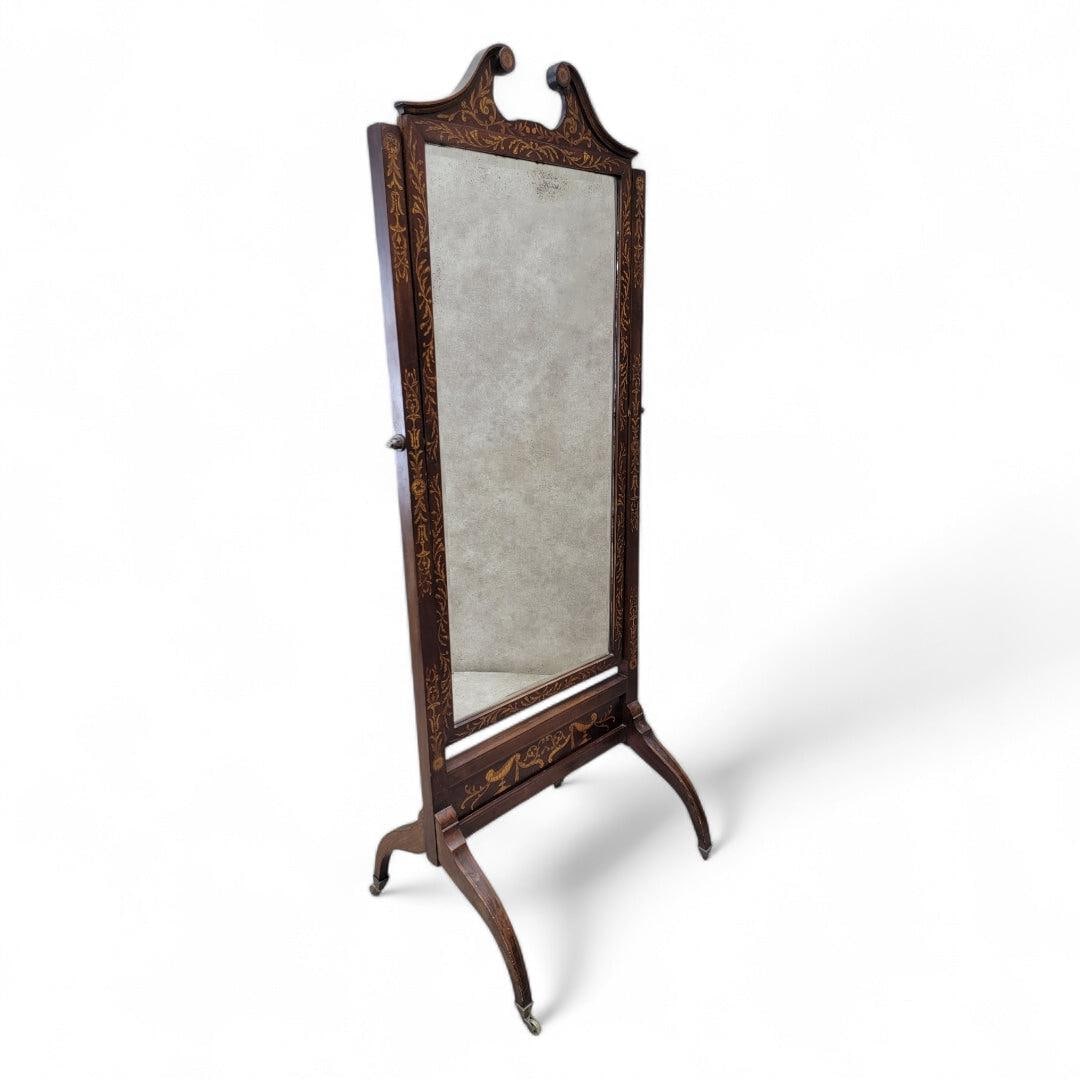 Antique Victorian Mahogany Inlaid Castered Cheval Mirror with Beveled Glass: Antique Victorian Mahogany Inlaid Castered Cheval Mirror with Beveled Glass Superb quality antique Victorian mahogany inlaid cheval mirror with beveled glass, beautifully crafted mahogany inlaid swan