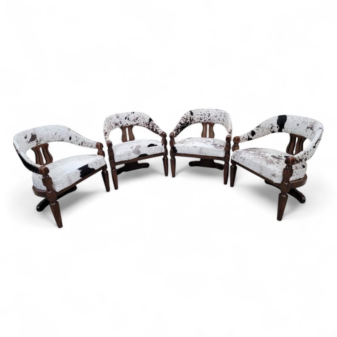 Modern Asian Inspired Carved Curved Back 3 Leg Dining Chairs Reupholstered in Cowhide - Set of 4: Modern Asian Inspired Carved Curved Back 3 Leg Dining Chairs Newly Restored & Reupholstered in Tri-Color Salt & Pepper Brazilian Cowhide with Nailhead Finish - Set of 4 This set of four modern