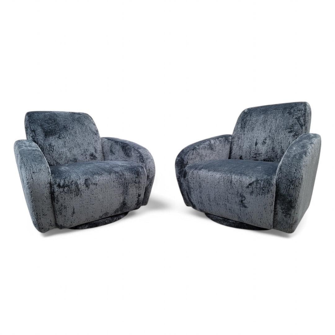 Postmodern Vladimir Kagan Swivel Lounge Chairs Newly Reupholstered in Boucle - Pair: Postmodern Postmodern Vladimir Kagan for Preview Swivel Lounge Chairs Newly Reupholstered in a High End Italian Black Steel Boucle - Pair These sleek curved swivel chairs with ample seating space woul