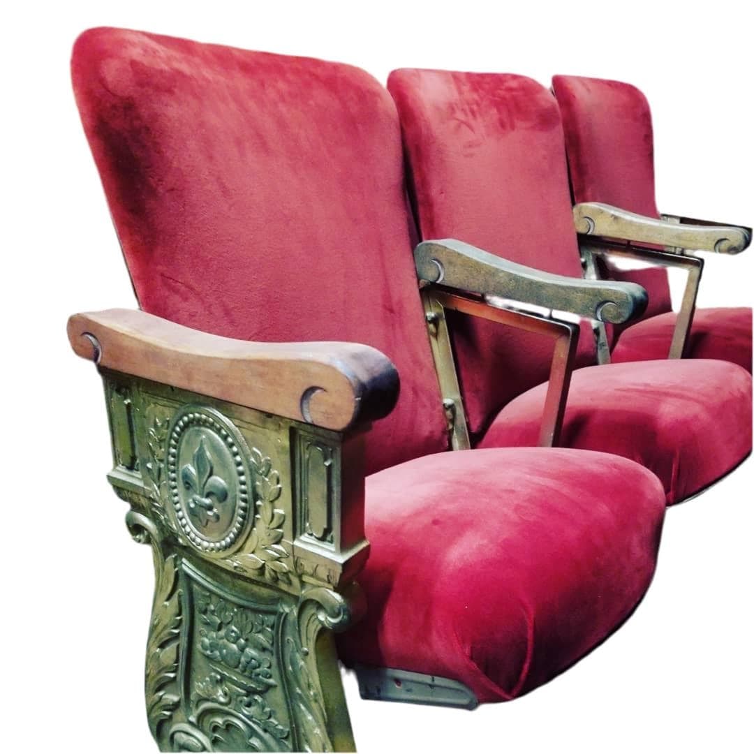 Antique Art Deco Heywood Wakefield Theater Seats in Original Fabric - Set of 4: Antique Art Deco Heywood Wakefield Theater Seats - Set of 4 Art Deco Heywood Wakefield Theater Seats. Spring Cushioned Pull Down with Mahogany Arm Rests We were fortunate to be able acquire a few of t