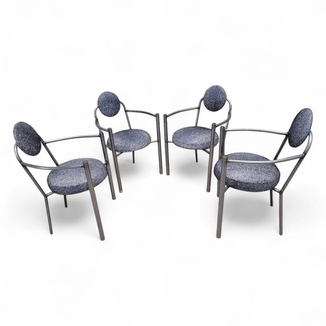 Vintage Modern Moon Chairs Newly Upholstered - Set of 4: Vintage Modern Moon Chairs Newly Reupholstered in Holly Hunt Black Embossed Printed Pearled Velvet - Set of 4 These chairs feature a distinctive round back and seat, exuding a timeless elegance that c