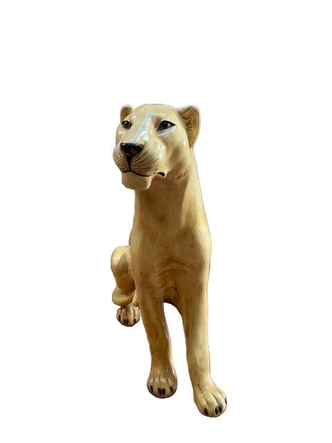 Mid Century Modern Italian Glazed Mountain Lion Statue: Vintage Italian Glazed Mountain Lion Figurine Decorate your living room with a tan ceramic lion statue sitting on his back hind legs. This sculpture is perfect for a safari or jungle themed space. Mad