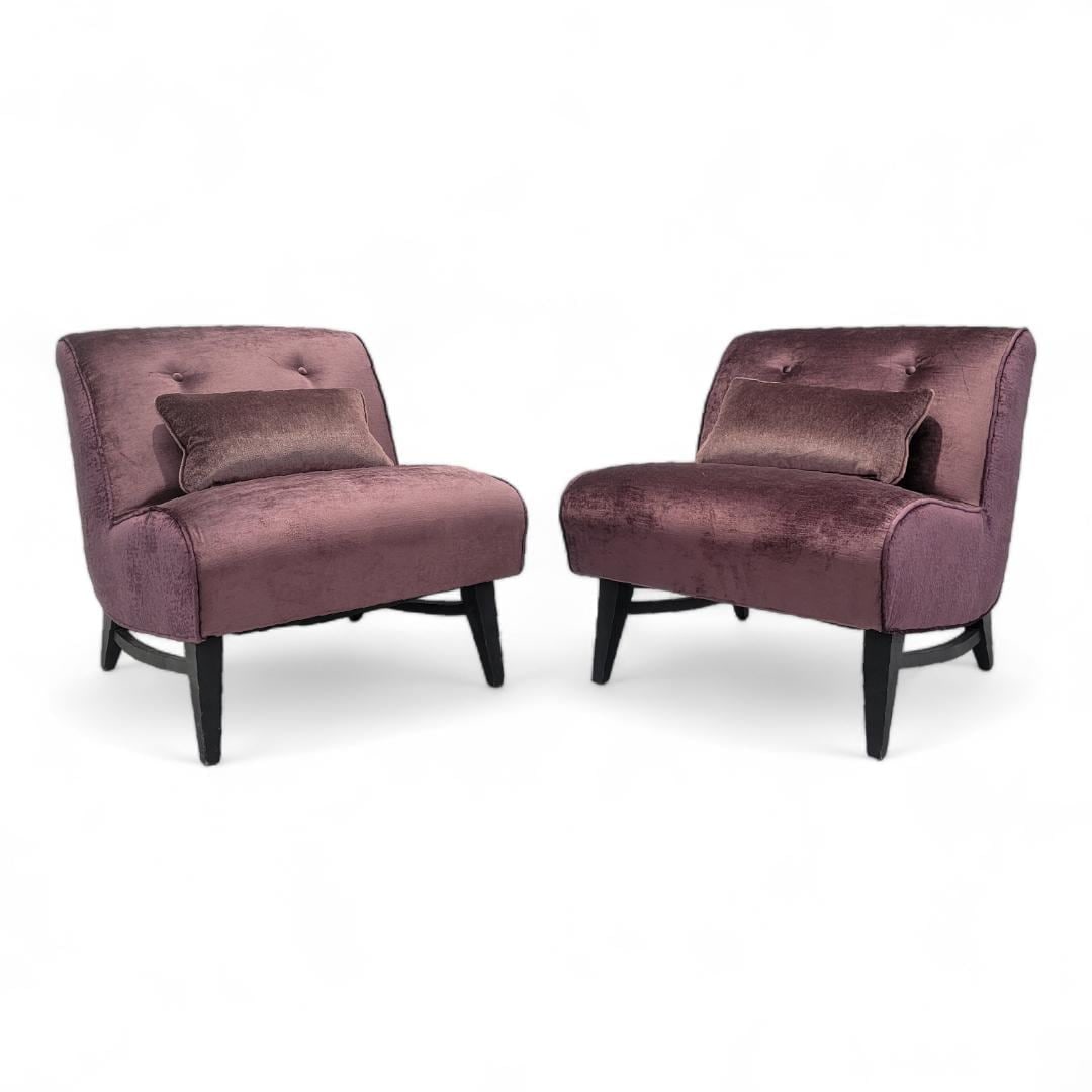 Mid Century Modern Slipper Chairs Newly Reupholstered in Velvet - Pair: Mid Century Modern Slipper Chairs Newly Reupholstered in a High End "Red Raspberry" Velvet - PairThis vintage modern slipper chairs features the perfect blend of comfort and timeless mid-century desig