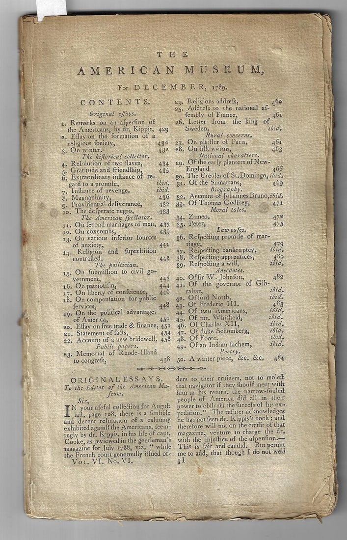 1789 American Museum Magazine Slavery Americana: Title: 1789 American Museum Magazine Slavery Americana Additional Information: The December 1789 issue of the American Museum printed at Philadelphia by Mathew Carey, 64 pages, lacks title leaf. Great