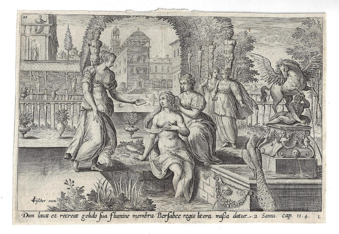 1643 Fine Engraving Collaert Visscher Bathsheba: Title: 1643 Fine Engraving Collaert Visscher Bathsheba Additional Information: A fine engraving of Bathsheba receiving a letter from David. After Adriaen Collaert (1560-1618) by Claes Jansz Visscher (