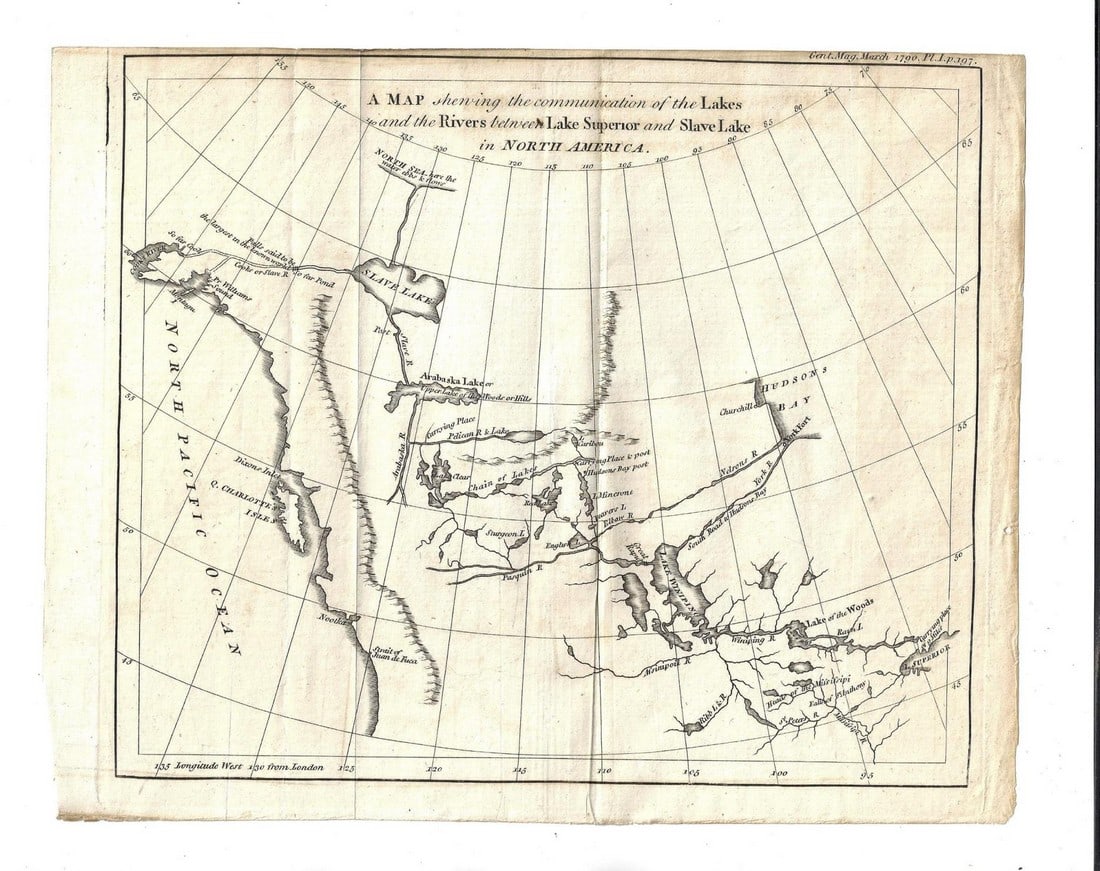 1790 Map of Lakes Rivers Superior North America: Title: 1790 Map of Lakes Rivers Superior North America Additional Information: "A Map shewing the communication of the Lakes and the Rivers between lake Superior and Slave lake in North America", prin