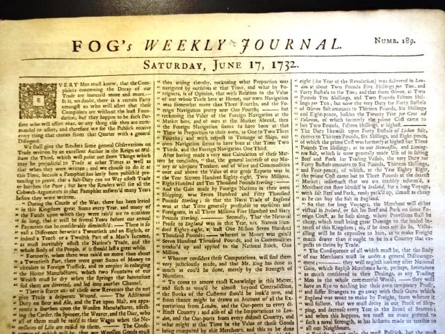 1732 Fog's Weekly Tariffs Balance of Trade: Title: 1732 Fog's Weekly Tariffs Balance of Trade Additional Information: The June 17, 1732 issue of "Fog's Weekly Journal", printed at London by J. Purser. Four pages complete including red tax stamp