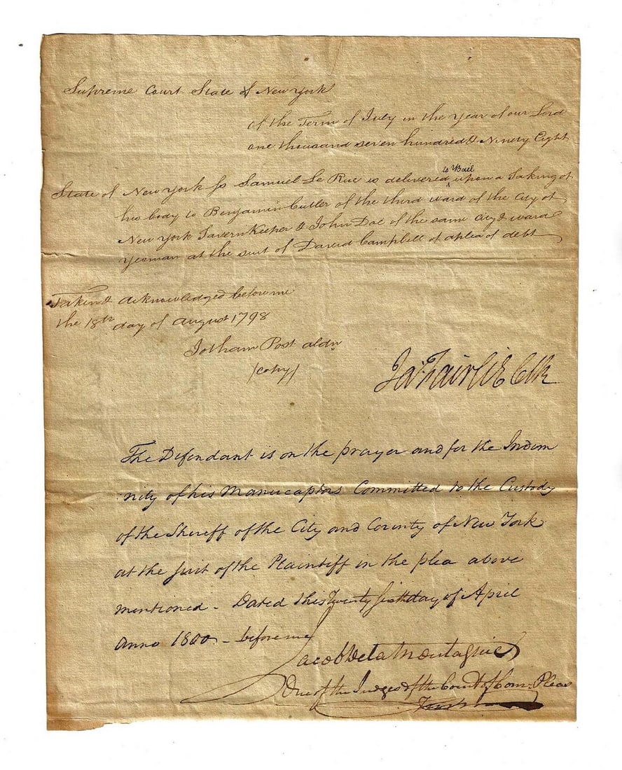 1798 Manuscript Bail Supreme Court New York: Title: 1798 Manuscript Bail Supreme Court New York Additional Information: Manuscript bail document of the Supreme Court of the state of New York in regards to a suit of debt dated 1798, certified cop