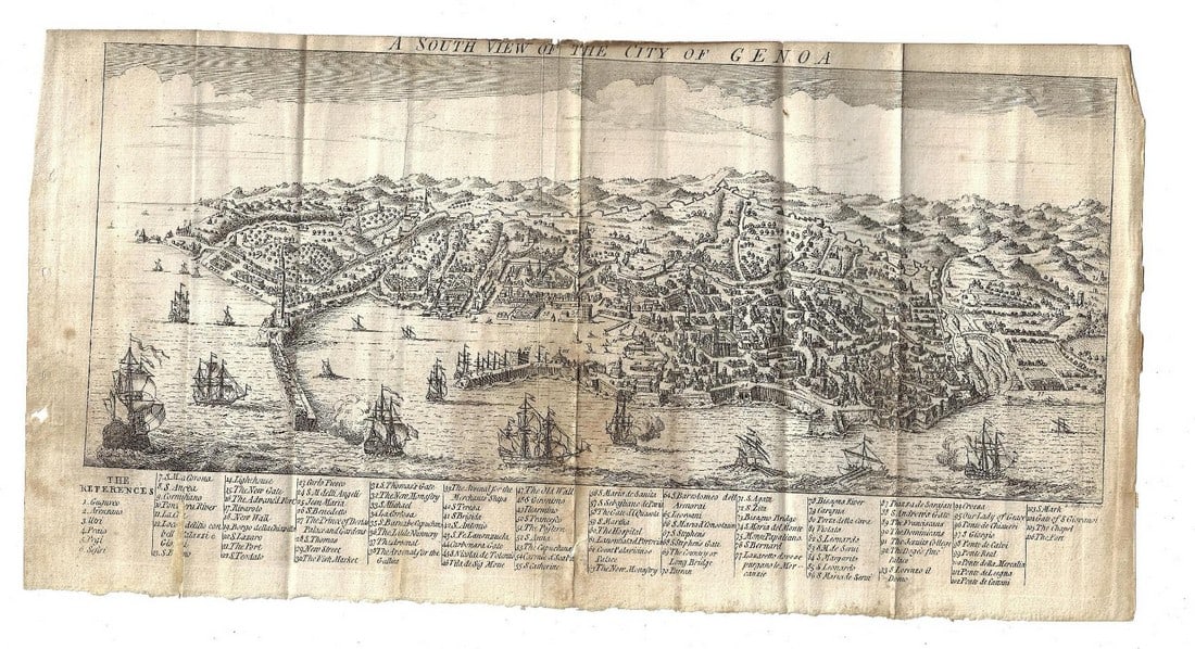 1767 Folding View of the Port of Genoa: Title: 1767 Folding View of the Port of Genoa Additional Information: Folding plan being ?A South view of the city of Genoa? nice detail with numbered key at bottom printed at London 1767. Very Good m