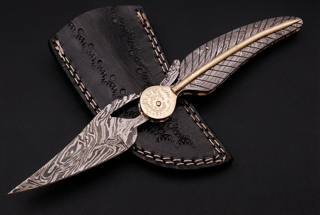 Hand Forged Damascus Steel Folding Pocket Knife with Leather Sheath (1 of 6)