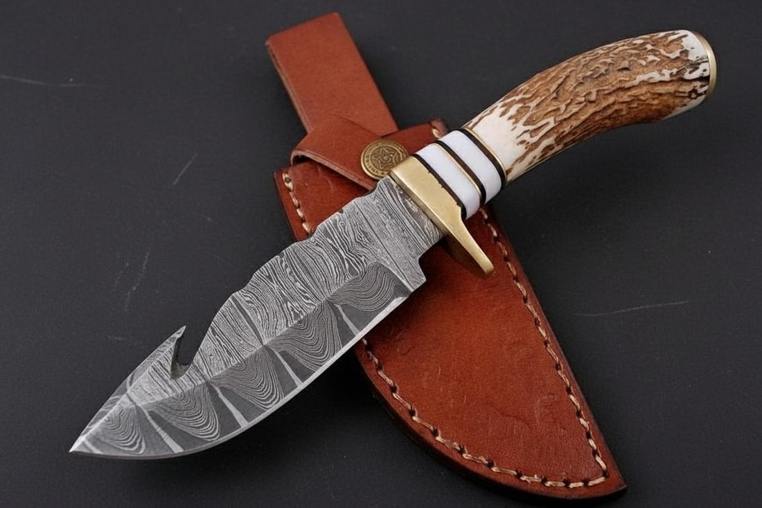 Hand Forged Damascus Steel Hunting Knife 8.25" with Stag Antler Handle & Sheath (1 of 5)