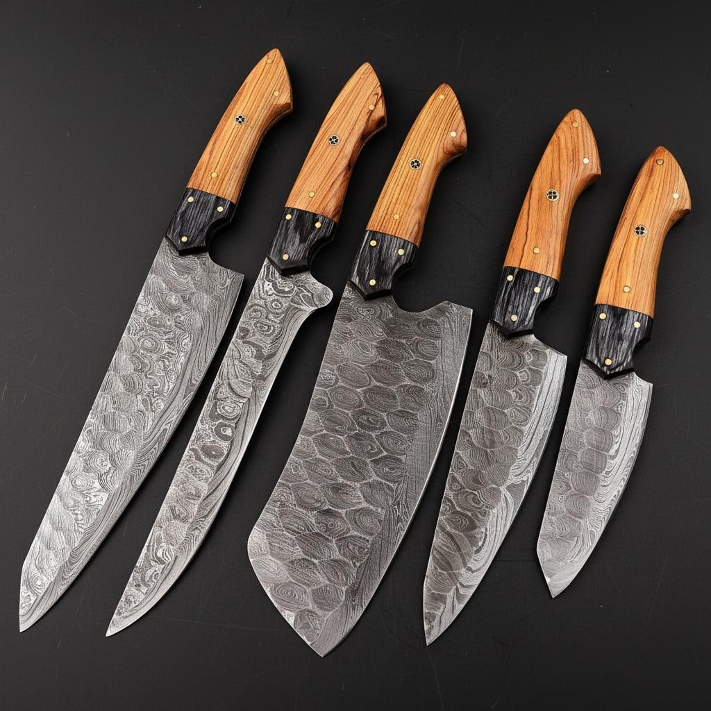 5pc Hand Forged Damascus Steel Kitchen Knife Set w/ Wood Handles & Leather Sheath (1 of 4)