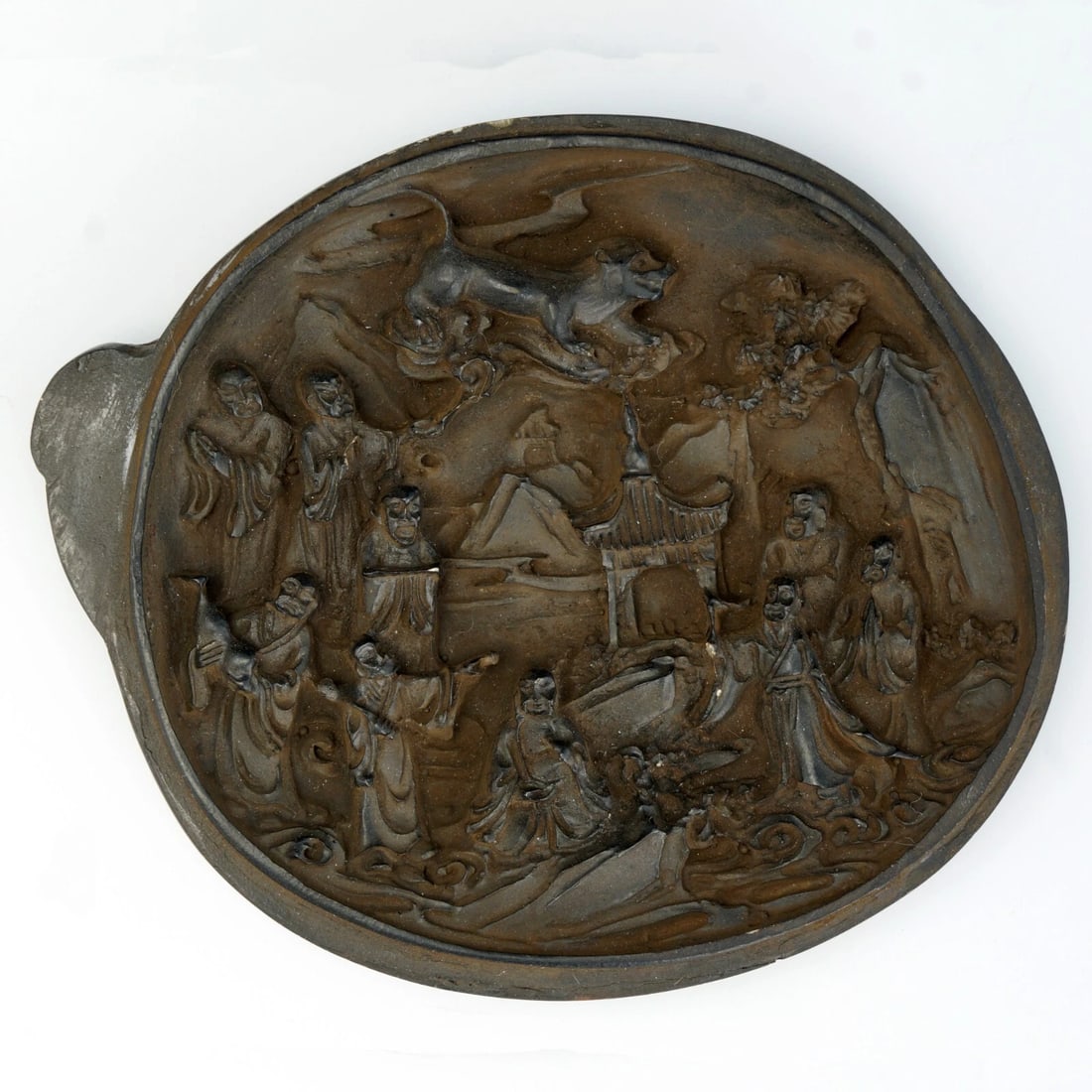 Chinese Wood/Lacquer Carved Lid 18/19th C: Title:Chinese Wood/Lacquer Carved Lid 18/19th C Size:3.75 in (9.5 cm) wide x 3 3/16 in (8.1 cm) tall x 3/8 in (.95 cm) thick. Description:A wooden lid with intricate and artistic carvings on both side