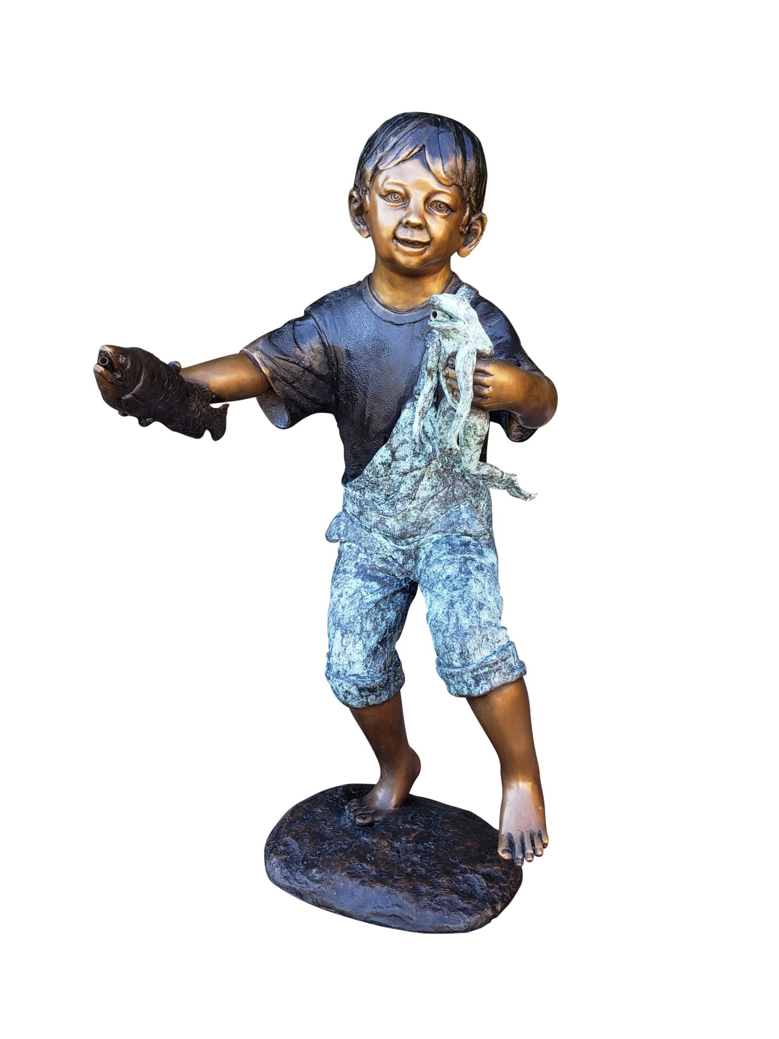 Playful Young Boy with Fish and Frog Bronze Statue Fountain 19" x 16" x 32"H (1 of 5)