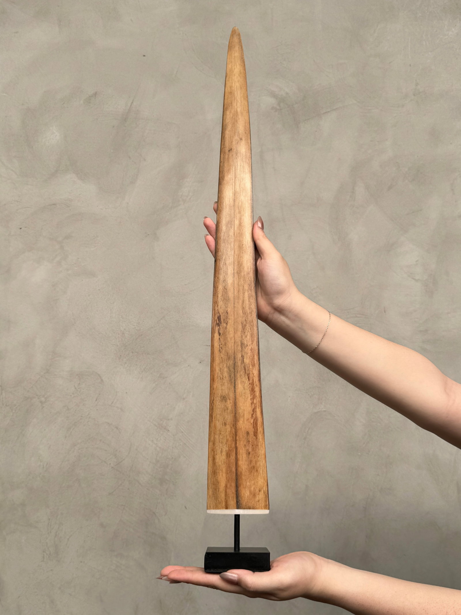 Swordfish tusk with stand: Title: Swordfish tusk with stand Maker:Unknown Origin: Indonesia Date/Period:2025 Materials:Xiphius Gladius, Bone, Steel Dimensions:Height including stand: 73 cm / 28.7 inches Description:This strikin