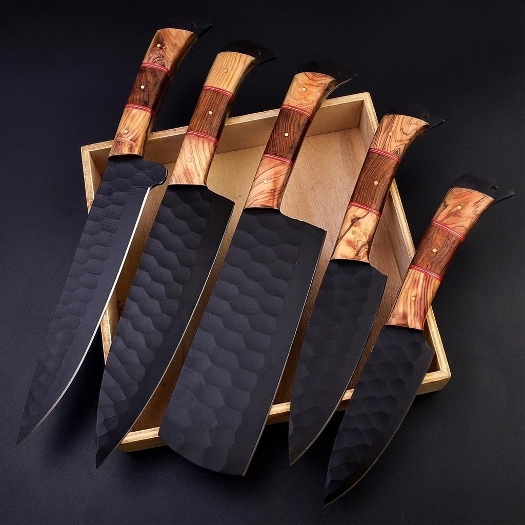 Handmade Hammered D2 Steel Chef Knife Set - 5 Piece Full Tang Kitchen Knives: Title:Handmade Hammered D2 Steel Chef Knife Set - 5 Piece Full Tang Kitchen Knives Description:This listing is for a five-piece set of handmade kitchen knives, suitable for a range of culinary tasks.