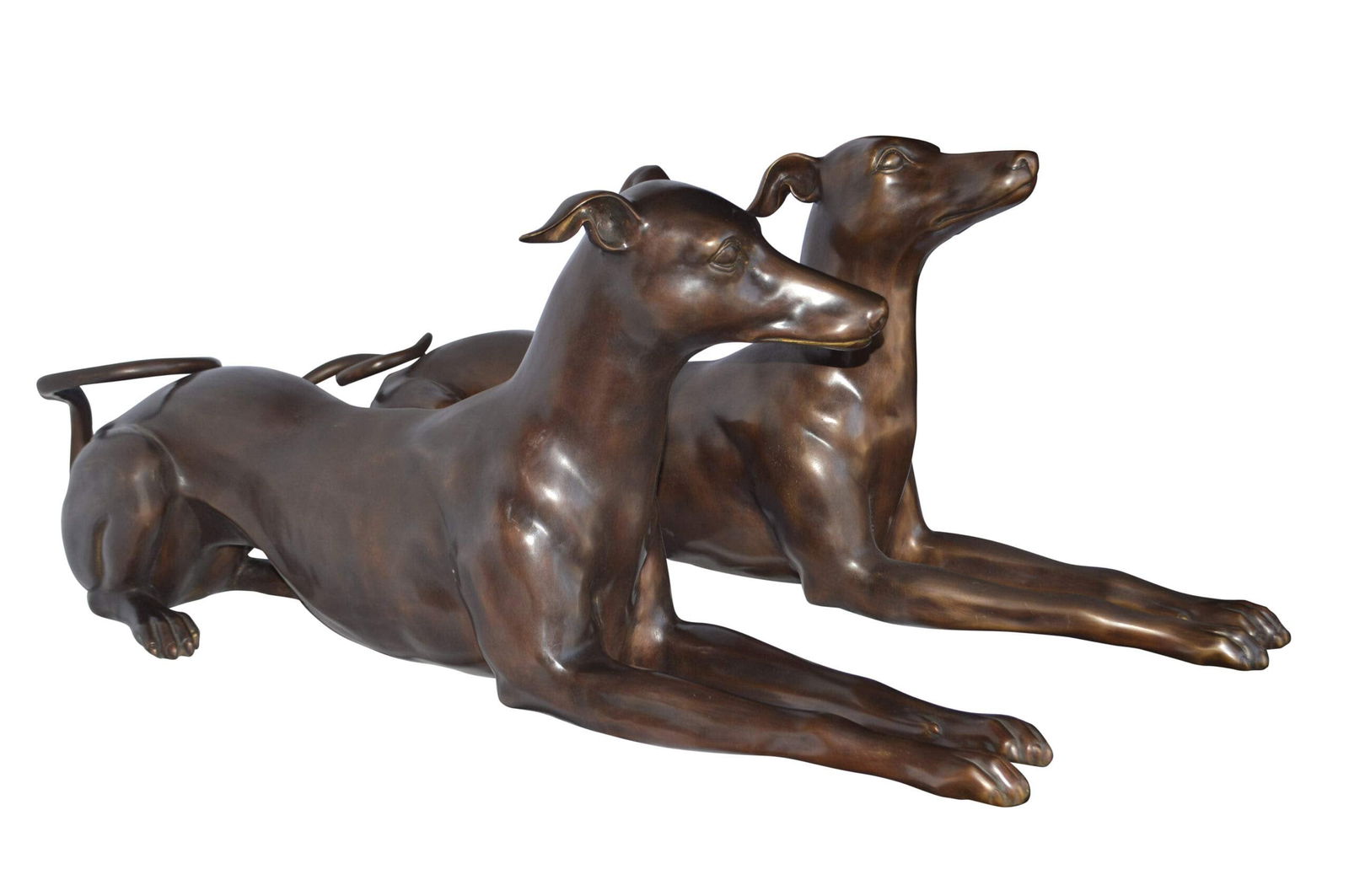 Pair of Greyhound dogs laying down Bronze Statues – Size: 50"L x 11"W x 20"H. (1 of 9)