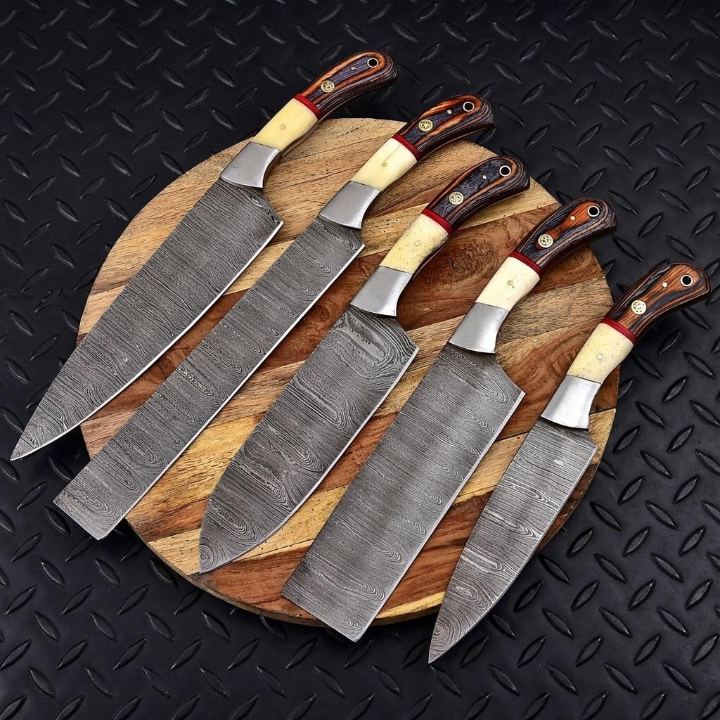 Hand Forged 5-Piece Damascus Steel Chef Knife Set with Leather Sheath (1 of 4)
