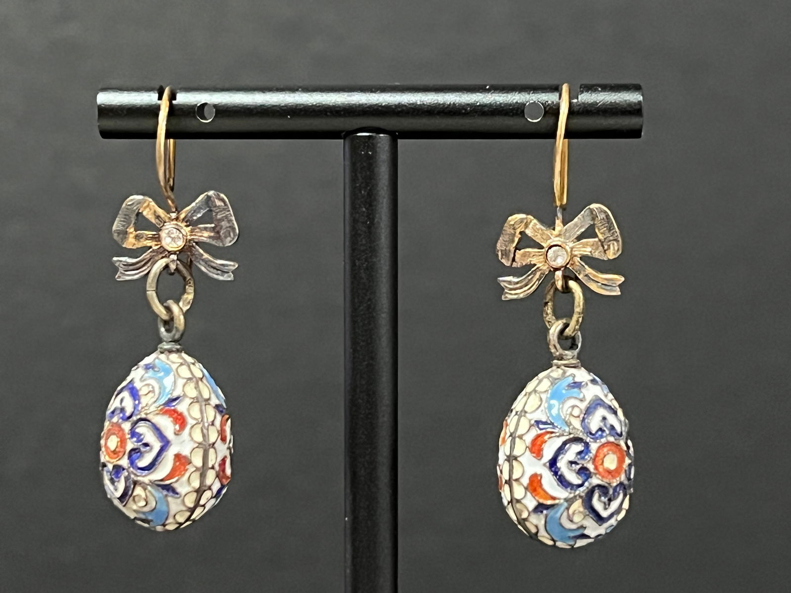 Late 20th Century Russian Art Gold Gilt Silver and Enamel Easter Egg Earrings: Title: Late 20th Century Russian Art Gold Gilt Silver and Enamel Easter Egg Earrings Date/Period: Late 20th Century Description: Russian Art Gold Gilt Silver and Enamel Easter Egg Earrings Materials: