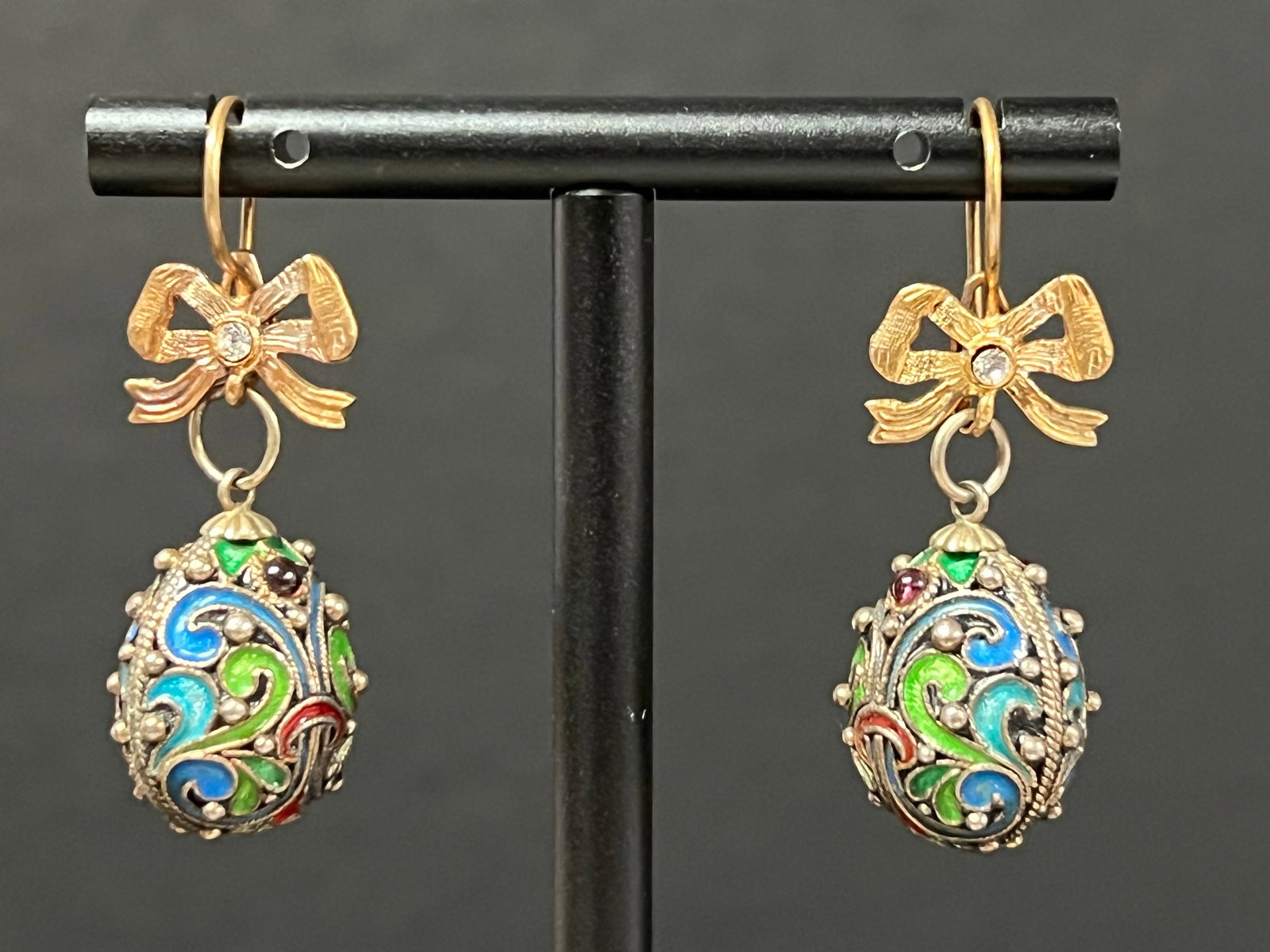 Late 20th Century Russian Art Gold Gilt Silver and Enamel Easter Egg Earrings: Title: Late 20th Century Russian Art Gold Gilt Silver and Enamel Easter Egg Earrings Date/Period: Late 20th Century Description: Russian Art Gold Gilt Silver and Enamel Easter Egg Earrings Materials:
