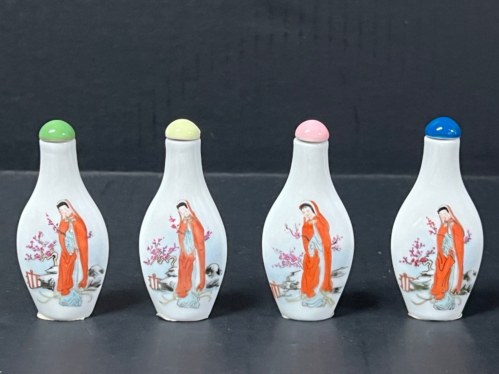 Late 20th Century Chinese Porcelain Snuff Bottle Set of 4: Title: Late 20th Century Chinese Porcelain Snuff Bottle Set of 4 Date/Period: Late 20th Century Description: Chinese Art Porcelain Snuff Bottle Materials: Porcelain Size: 3" h x 2" w Reserve: $40.00 S