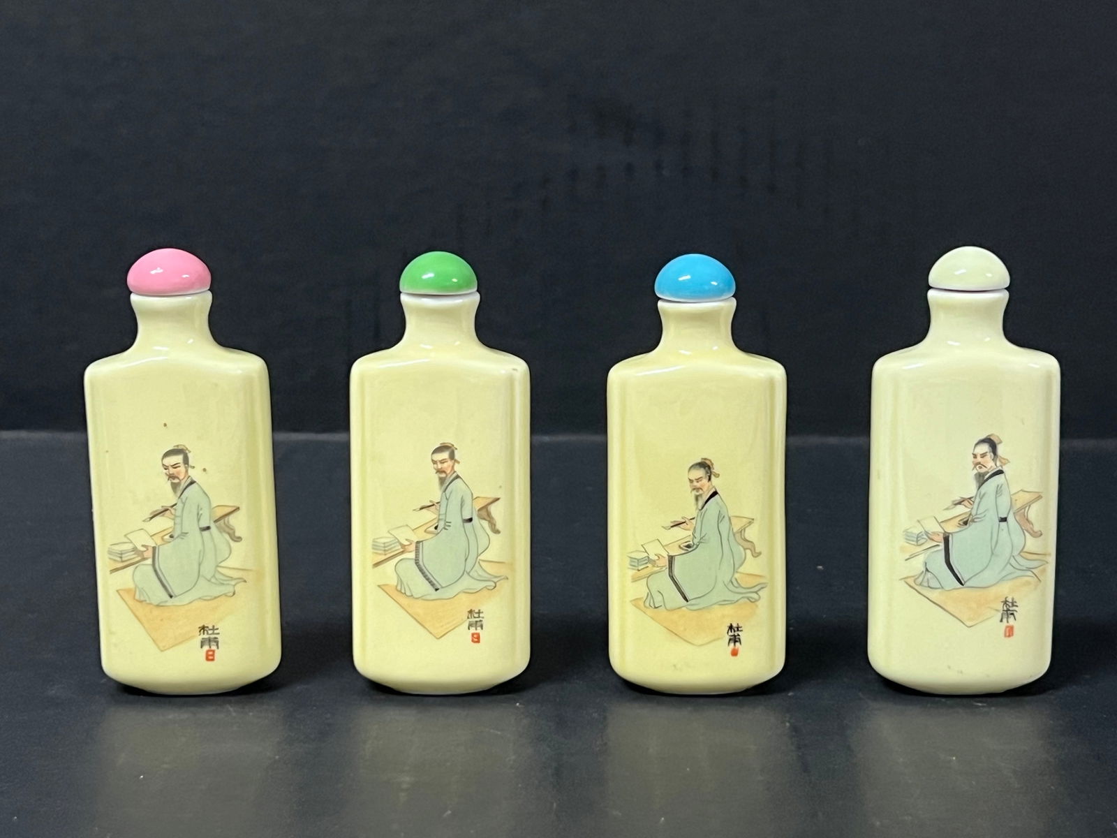 Late 20th Century Chinese Art Porcelain Snuff Bottle Set of 4: Title: Late 20th Century Chinese Art Porcelain Snuff Bottle Set of 4 Date/Period: Late 20th Century Description: Chinese Art Porcelain snuff Bottle Materials: Porcelain Size: 3" h x 2'' w Reserve: $60