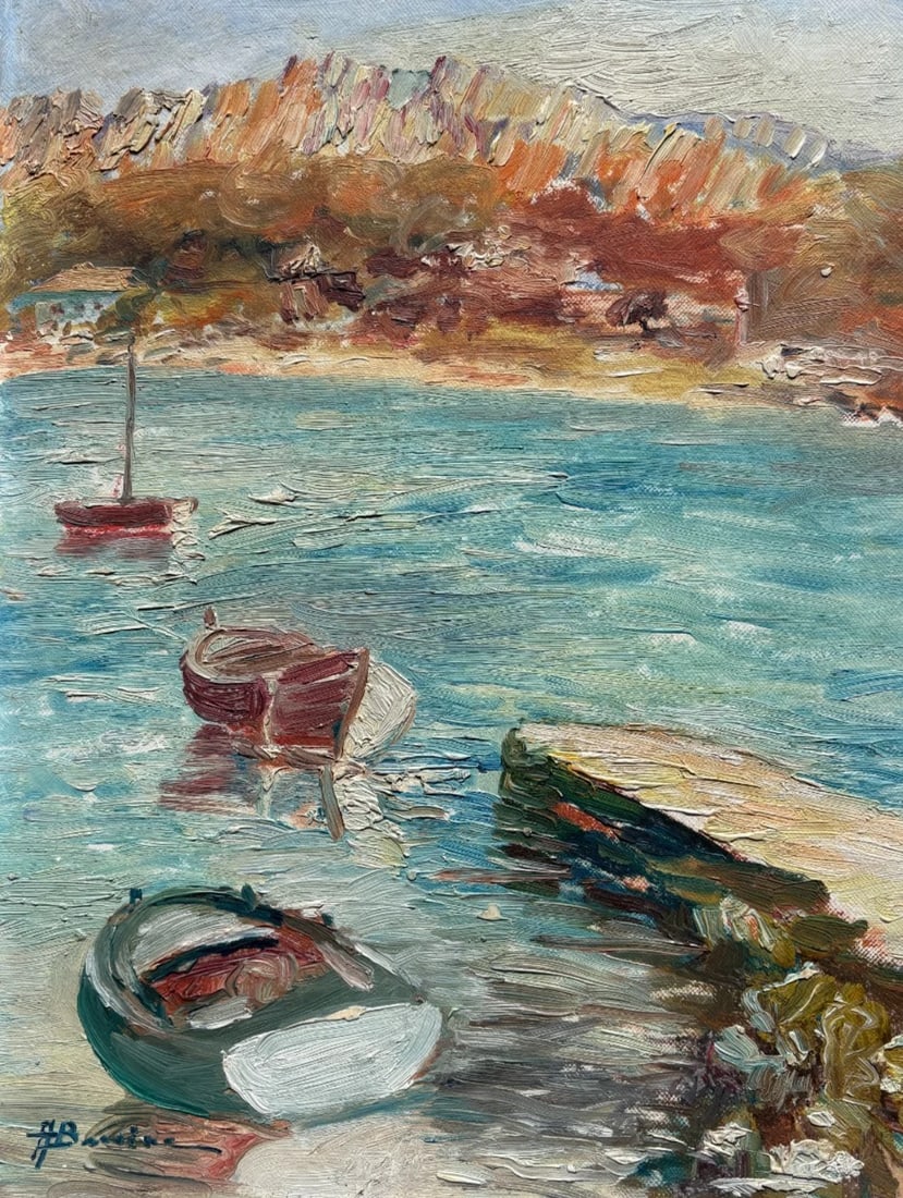 Antique Original Painting Landscape, Maritime, Sea, Boats signed: Title: Antique Original Painting Landscape, Maritime, Sea, Boats signed Description: Oil on cardboard 35 x 26.5 cm / 13.77 x 10.43 inches damaged corners All our artworks are packaged to a very high s